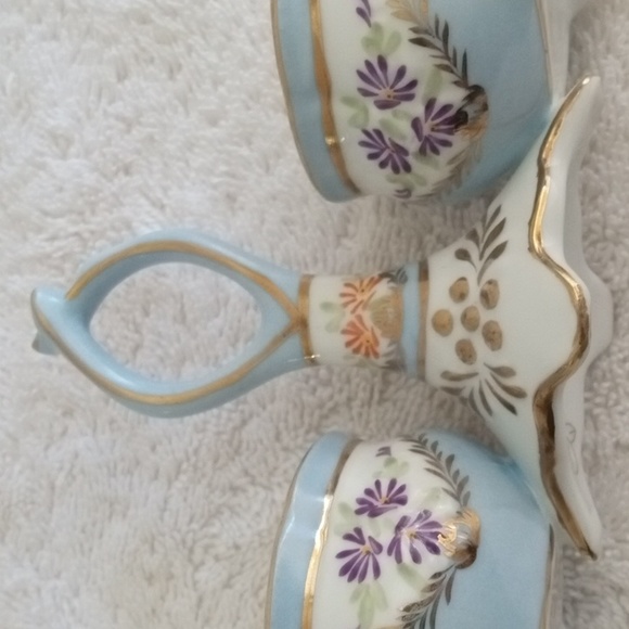Vintage Limoges China Double Open Salt Server w Handle Blue w Flowers Porcelain - Picture 11 of 13